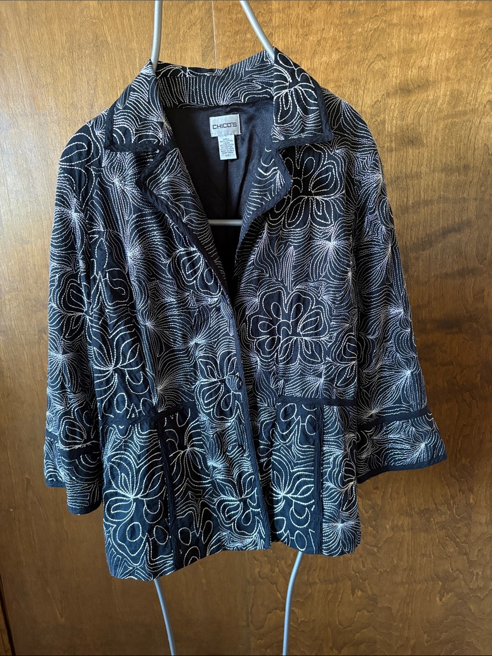 Chico's Black Cotton Jacket with White Floral Stitching